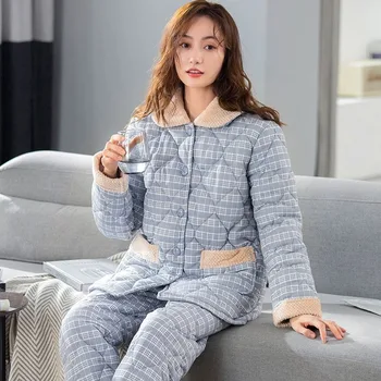 2023 Naujas Medvilnės Pižama Moterims, Žiemos Storio Loungewear Šiltas Homewear Trijų sluoksnių Striukė Turn-žemyn Apykaklės Namų Drabužiai Rinkinys