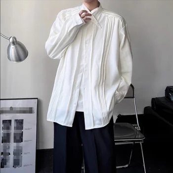 2023 Pavasario korėjos vyrų ir moterų dizaino prasme, plisuotos nurodė apykakle balti marškiniai populiarus atsitiktinis palaidų ilgomis rankovėmis marškinėliai