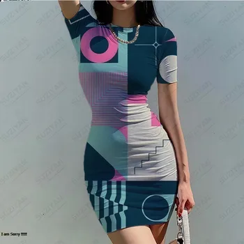 2023 Vasarą Naujiems Karšto Pardavimo Stora Suknelė Moterų Mados trumpomis Rankovėmis Apvalios Kaklo Suknelė 3D Atspausdintas Moterų Sexy Wrap Klubo Suknelė