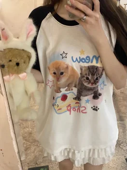 ADAgirl Kawaii Katė Spausdinti marškinėliai Moterims Japonija Stiliaus Kačiukas Trumpas Rankovės Cutecore Viršūnes Saldus Mergina Y2k Paauglių Estetinės Drabužiai