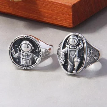 Astronautas Žavesio Žiedas, skirtas Moterims, Vyrams korėjos Mados Madinga Pora Vintage Papuošalai Sidabro Spalvos Atidaryti Žiedas Reguliuojamas