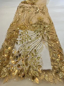 Aukštos Kokybės Aukso Mados Prancūzijos Tiulio Su Karoliukais Nėrinių Audinys, Afrikos, Nigerijos Blizgančiais Nėrinių Audinio Vestuvinė Suknelė Suknelė