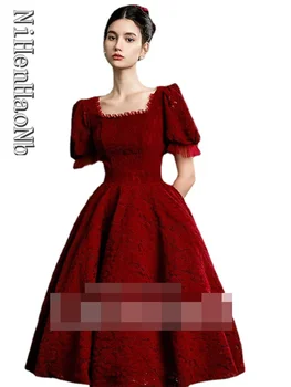 Bordo Vestuvių Suknelės Sluoksniuotos Rankovėmis Princesė Dress prancūzų Stiliaus Moterų-Line Šalis Suknelės