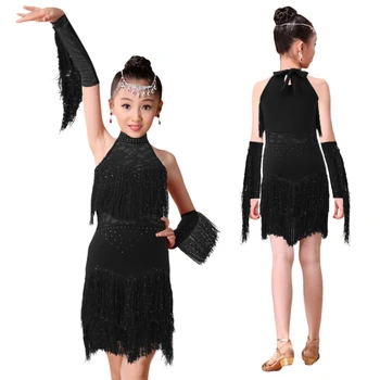 China Lotynų Šokių Kutas Suknelė Mergaitėms Mados Tango Uniforma Vaikų Etapo Rezultatus Dancewear Nustatyti Pirštines