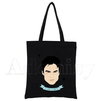 Damon Salvatore Vampyro Dienoraščiai Kronikos Vampiricas Drobė Maišelis Moterų Didelės talpos Eco Aplinkos Shopper Bag Black
