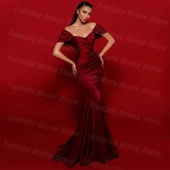Elegantiškas Tamsiai Raudonos Spalvos Satino Plisuotos Off Peties Prom Dresses Undinė Nuo Nugaros Trumpas Rankovės Oficialus Vakaro Suknelės Moterims