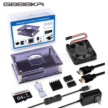 GeeekPi Orange Pi 5 Orange Pi 5B Starter kit Akrilo Atveju + Tylus ventiliatorius + heatsinks TF kortelė + HDMI
