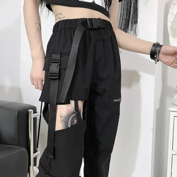 Harajuku Mall Gotikos Grunge Estetinės Tuščiaviduriai Kelnės Aukštu Juosmeniu Moterų Krovinių Kelnės Juoda Punk Prarasti Kratinys Streetwear 2021