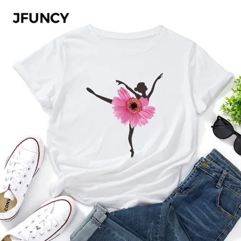 JFUNCY Moterys Vasarą T-shirt Kūrybos Šokiai Mergina Spausdinti Tees Trumpas Rankovės Moteris Marškinėlius 100% Medvilnės, Moterų Topai