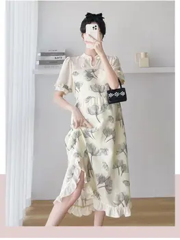 Kinų Stiliaus Nėštumo Vasaros Šifono Suknelė Elegtant Cheongsam Raukiniai Kratinys Neteisėtų Motinystės Šalis Suknelė, Paplūdimio Suknelės