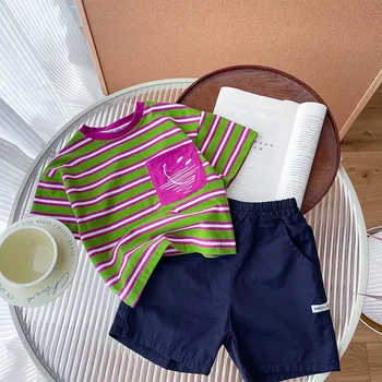 Korėjos Stiliaus trumparankoviai Vaikų Dryžuotas marškinėliai Kūdikių Šortai + Apvalios Kaklo Viršuje Kostiumas Mados Dviejų dalių Atsitiktinis vaiko Drabužių