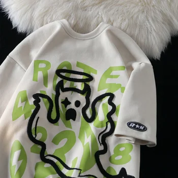 Korėjos Tendencija Žalia Susukti Laišką Grafinis Tee Demonas Dvasios Juokinga T Marškinėliai Grynos Medvilnės Vasarą Viršų O-kaklo Atsitiktinis Streetwear Poroms
