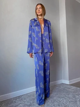 Marthaqiqi Atsitiktinis Spausdinimo Moterų Pižama Nustatyti ilgomis Rankovėmis Sleepwear Turn-Žemyn Apykaklės naktiniai drabužiai Pločio Kojų Kelnės Femme Namų Aprengti