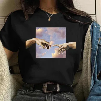 Mikelandželo Rankos Pakilo Spausdinti Marškinėliai Moterims Black Marškinėliai Moterų Mados Estetikos Viršūnių Trišakis 90-ųjų Merginų Harajuku O-kaklo marškinėliai