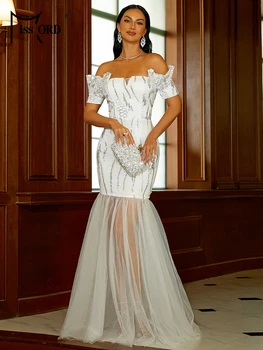 Missord 2023 Naujas Baltas Vestuves Suknelė Moterims, Elegantiškas Off Pečių, Trumpomis Rankovėmis, Blizgučiai Akių Apvadą Vakare Keltas Suknelės Suknelė