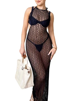 Moteriški Sheer Lace Paplūdimio Cover Up Suknelė su Kaklaraištis-Iki Apynasrio Rankovių ir Backless Dizainas - Stilingas maudymosi kostiumėlis Coverup už