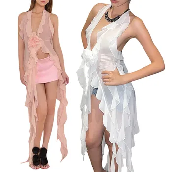 Moterų 3D Gėlių Raukiniai Apynasrio Suknelė Elegantiška Berankovė Midi Šalies Klubas Suknelė Vien Akies Matyti Per Pusę Padalinta Bikini Padengti Ups