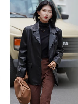 Negabaritinių Juoda Odinė Striukė Moterims Naujo Derliaus Pu Oda, Kailis Dizaino Prasme Nišą Švarkas Moteriška Y2k Korėjos Stiliaus Streetwear