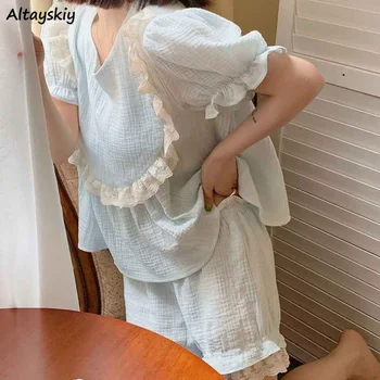 Pajama Komplektai Moterų Nėriniai Dizainas, Japonų Stiliaus Kawaii Laisvi Namų Kietojo Atsitiktinis Trumpas rankovėmis Ins Vasaros Paprastų Mados Sleepwear