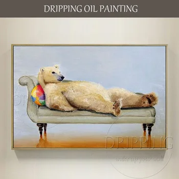 Rankomis dažyti Humoro Gyvūnų Polar Bear Naftos Tapyba ant Drobės Rankų darbo Juokinga Meška Guli ant Sofos, Aliejus, Tapyba, Sienų Dekoras