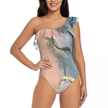 Rytų Aukso Rašalo Marmuro 3D Spausdinimo Moterų Vienos Pečių Pynimas Monokinis maudymosi Kostiumėliai Asimetriniu Pynimas