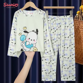 Sanrio Kuromi Pochacco ilgomis Rankovėmis Pižama Cute Girl Plonas V-kaklo Rinkiniai Animacinių filmų Studentų Vasaros Grynos Medvilnės Mielas Anime Apartamentai
