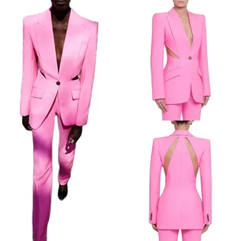 Seksualus Tuščiaviduriai Rožinė Moterų Kostiumai Rinkinys 2 Vnt Striukė+Kelnės Haute Couture Vieną Mygtuką Atsitiktinis Dizainerio Medvilnės Švarkas Kailis Sandėlyje