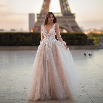 SoDigne 2023 Naujas Rose Pink Vestuvių Suknelės ilgomis Rankovėmis Seksualus Giliai V Kaklo Nuotakos Suknelė Blizgučiai Tiulio 3D Gėlių Nėrinių Nuotakos Suknelės