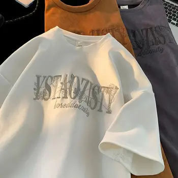 Sunkiųjų siuvinėti marškinėliai vyriški trumpi rankovėmis American retro didelio dydžio prarasti penkis su puse rankovėmis vasarą zomšiniai drabužiai viršūnės