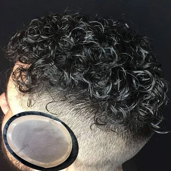 Super Patvarus Mono Toupee Garbanotas Mens Perukai 100% Žmogaus Plaukų Vyras Kapiliarų Protezavimas Pynimo Vienetas Kvėpuojantis Vyrų Endoprotezavimo Sistemos
