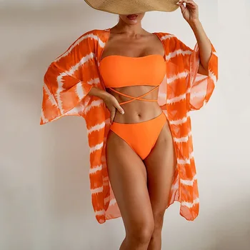 Trijų dalių Bikini Rinkiniai, trumpomis Rankovėmis 2023 Moterų maudymosi kostiumėlį Vasaros Seksualus maudymosi Kostiumėliai Paplūdimio Maudymosi Kostiumas