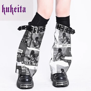Y2K Grunge Derliaus Spausdinimo Kojų Šilčiau Kojinės Moterims Gothic Punk Reguliuojamas PU Metalo Sagtis Elastingumą Koja Padengti Harajuku Streetwear