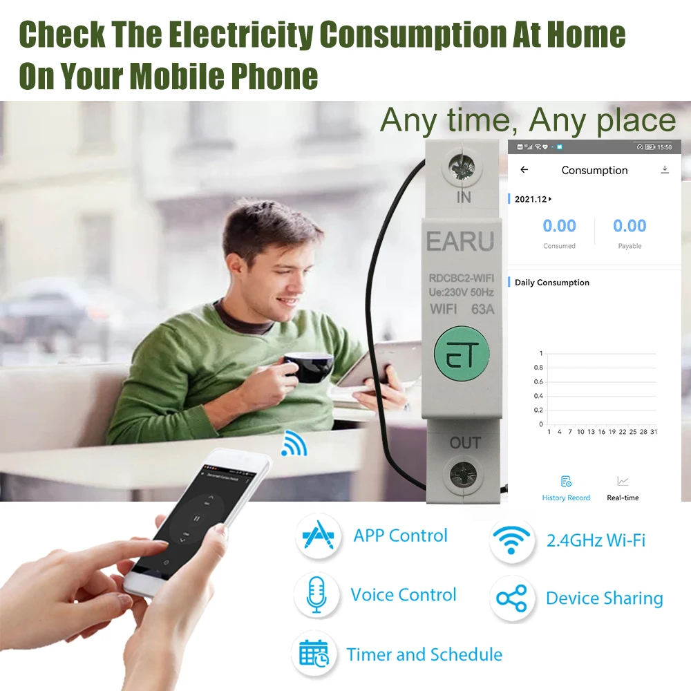 1P Din Bėgelio WIFI Smart Energijos Skaitiklis elektros Energijos Suvartojimas kWh Metrų Grandinės Pertraukiklis Laikas Laikmačio Jungiklis Relay Voltmeter Smart Home