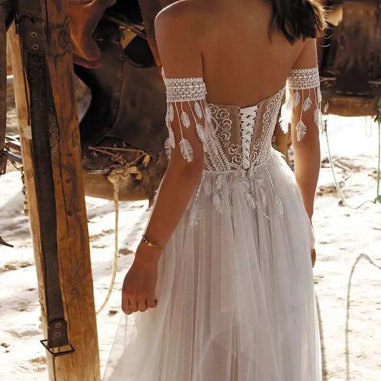 2023 Puikus BOHO Vestuvių Suknelė Brangioji Lace A-line Appliques Bohemijos nuo Pečių Vestuvių Suknelė Vestidos De Novia