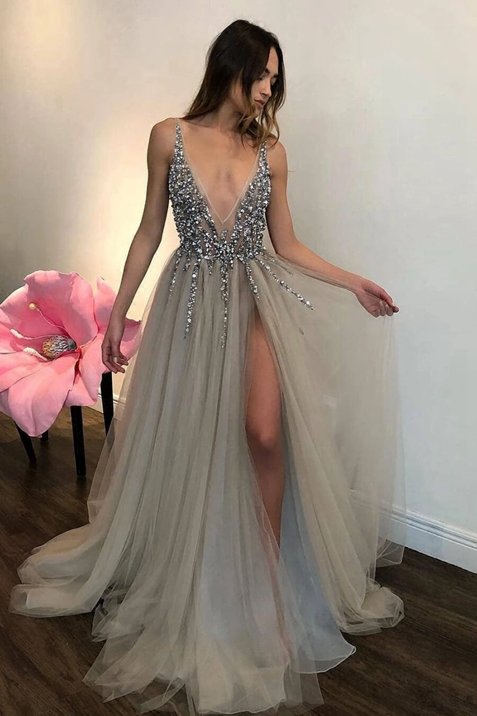 Aukštos Padalinta Prom Dresses 2020 M. Moteris Oficialią Šalies Tiulio Duobute China Ilgai Vestidos De Gala V-Kaklo Elegantiškas Jurken Vakarinę Suknelę