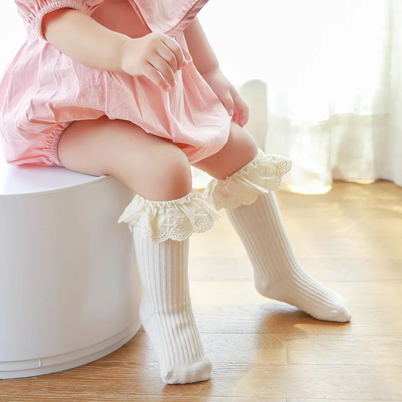 Baby Girl Kojinės Naujagimiui Infantil Vaikas Kelio Aukštas Nėrinių Kojinės Bamblys Babygirl Anti Slip Cotton Kūdikių Ilgos Kojinės Už 0-3 Metų