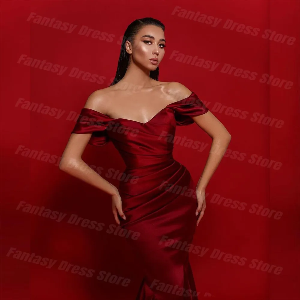 Elegantiškas Tamsiai Raudonos Spalvos Satino Plisuotos Off Peties Prom Dresses Undinė Nuo Nugaros Trumpas Rankovės Oficialus Vakaro Suknelės Moterims