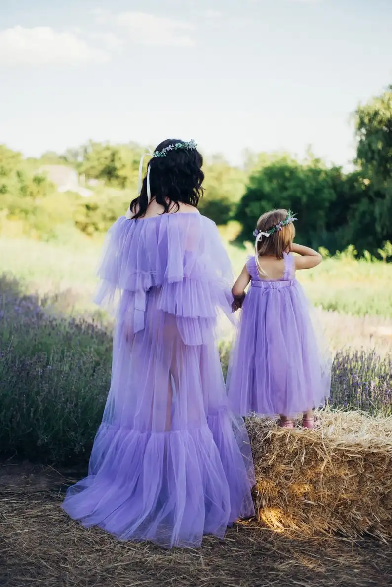 Iliuzija Šviesiai Violetinės Spalvos Tiulio Motinystės Moterims, Chalatai Off Peties Ilgomis Rankovėmis Sleepwear Skraiste Šalies Prom Chalatai Fotosesiją