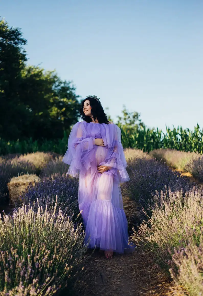 Iliuzija Šviesiai Violetinės Spalvos Tiulio Motinystės Moterims, Chalatai Off Peties Ilgomis Rankovėmis Sleepwear Skraiste Šalies Prom Chalatai Fotosesiją