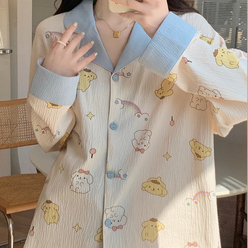 Kawaii Sanrios Anime Mergina Namų Drabužių Cinnamoroll Kuromi Purin Šuo Animacinių Filmų Mielos Moterys Pavasarį, Rudenį Ilgomis Rankovėmis, Kelnes Pižama