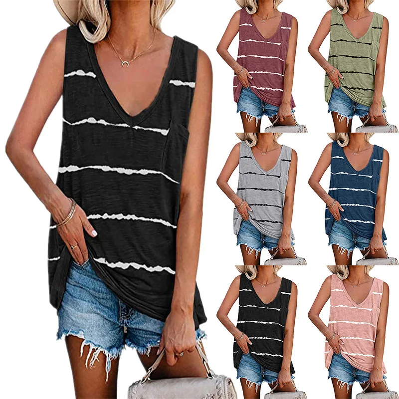 Moterų vasaros naują atsitiktinis mados prarasti spausdinti dryžuotas spausdinti vest mados atsitiktinis įvairių spalvų marškinėliai moterų V-kaklo viršų