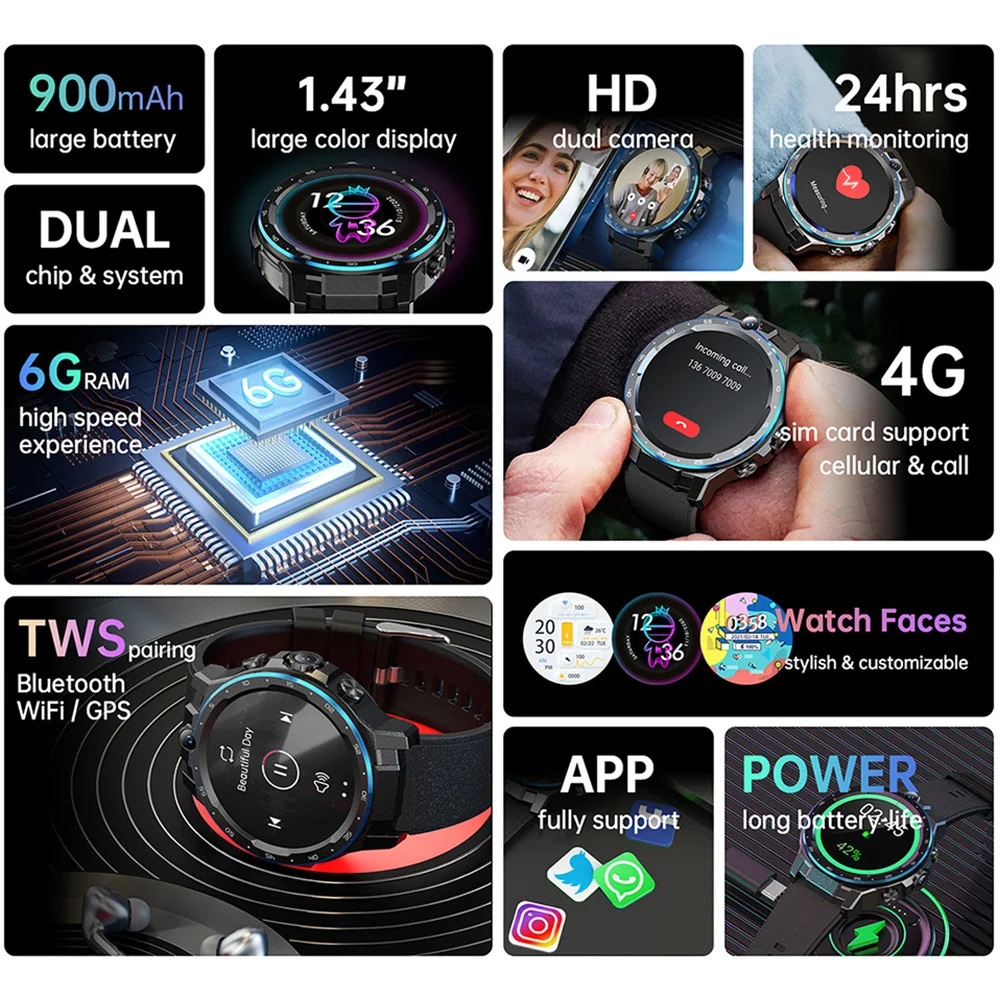 Naujas 6GB+128GB Smart Žiūrėti 4G GPS Wifi, Dual Camera Sporto Vyrų Blue Tooth Skambinkite 24H Heartrate Smartwatch Moterų Dviguba Sistema Muzika NFC