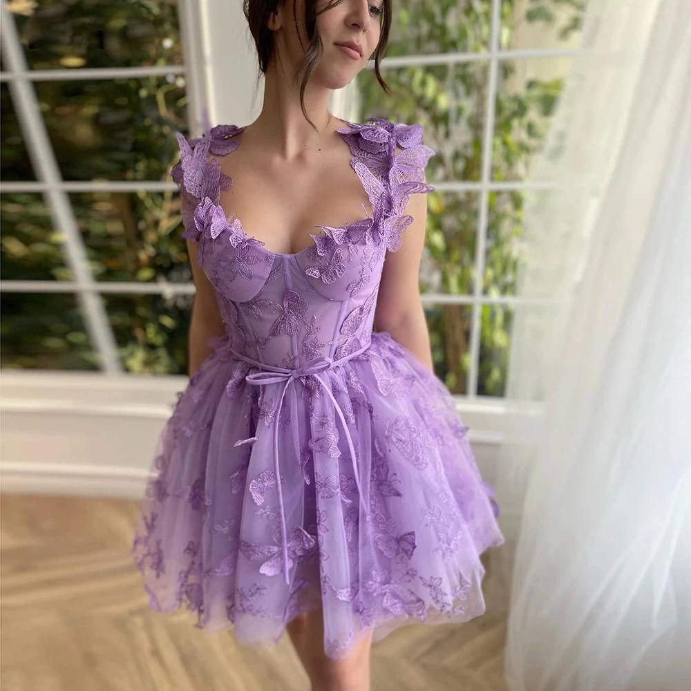 Seksualus italijos Makaronų Dirželis Trumpas Prom Dress 3D Drugelio Nėrinių Kelio Nėrinių Brangioji Šalis Suknelė-line Baigimo Suknelė 2023