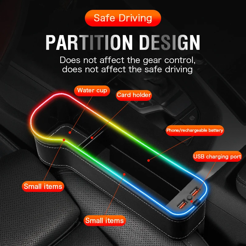 Universalus Automobilių Sėdynės Siauras Laikymo Dėžutė su RGB Aplinkos Šviesos Dual USB Telefono Puodelio Laikiklis Auto Sėdynės Skirtumas Organizatorius Priedai