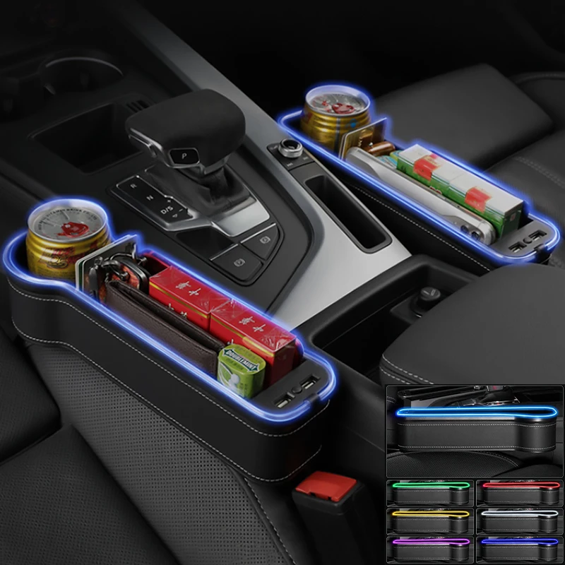 Universalus Automobilių Sėdynės Siauras Laikymo Dėžutė su RGB Aplinkos Šviesos Dual USB Telefono Puodelio Laikiklis Auto Sėdynės Skirtumas Organizatorius Priedai