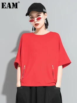 [EAM] Moterys Raudonas Užtrauktukas Didelis Dydis Atsitiktinis marškinėliai Naujas Apvalios Kaklo Pusė Rankovės Palaidi Tinka Mados Banga Pavasario Rudens 2023 1DF5292