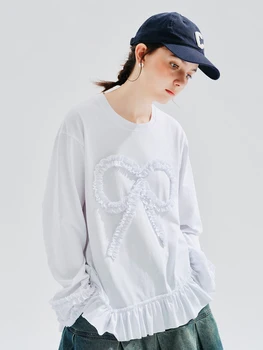 IMAKOKONI originalaus dizaino baltos spalvos ilgomis rankovėmis megztinis marškinėliai Nėrinių susiuvimo medvilnės pagrindo viršų moterims 234251
